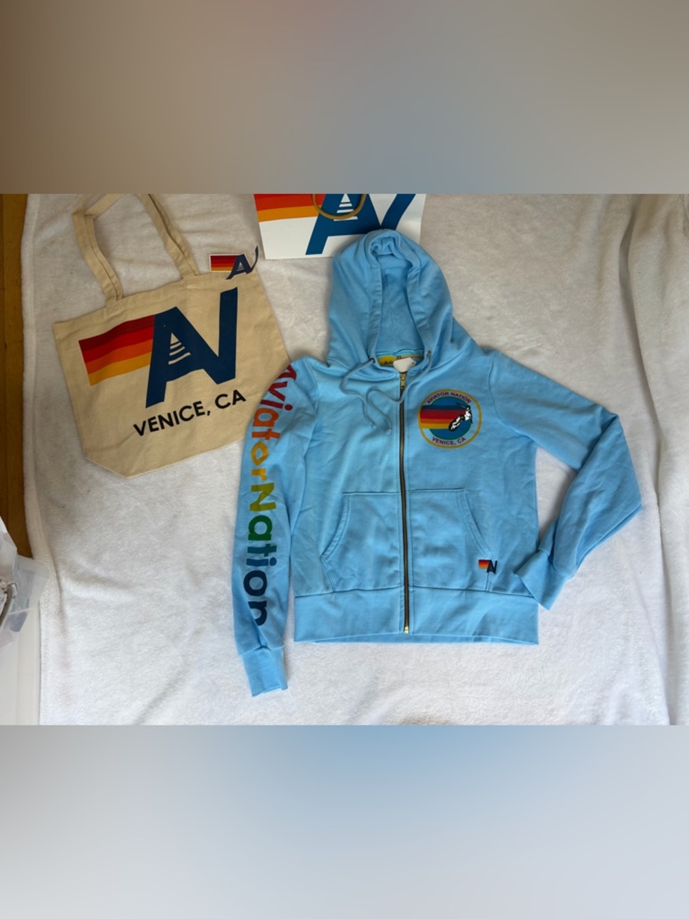 NWT AVIATOR NATION Venice Logo Zip Hoodie Extra  Small Sky + Tote Bag